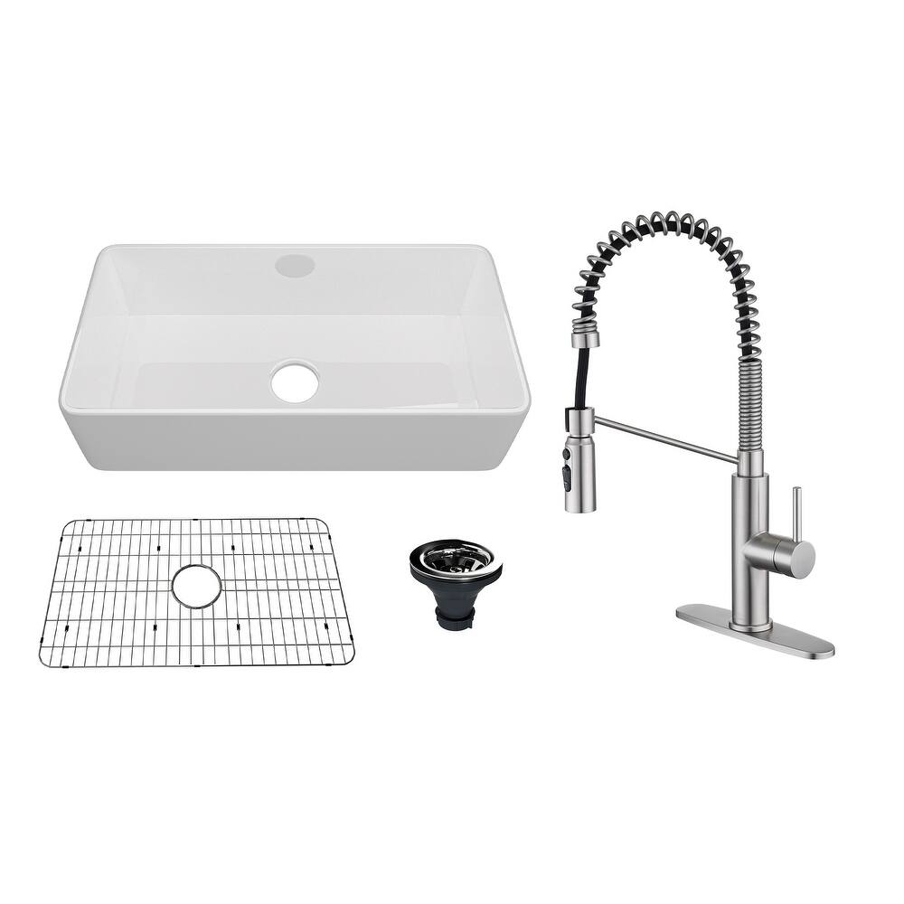 Farmhouse/Apron-Front Single Bowl Fireclay Kitchen Sink with 3-Function Pull-Down Kitchen Faucet, Grid, and Basket Strainer