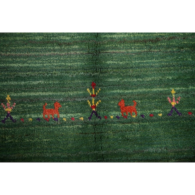 Striped Green Gabbeh Oriental Area Rug Handmade Silk Carpet - 9'1"x 11'5"