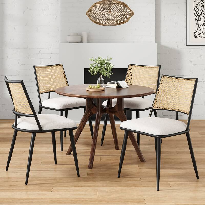 Dining Chairs Set of 2, Mid-Century Modern Kitchen Chairs with Rattan Backrest & Metal Frame, Boucle Upholstered Accent Chairs
