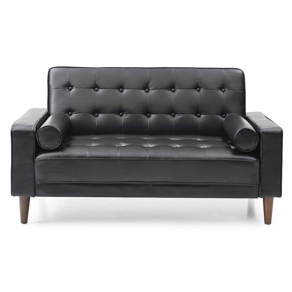Flared Arm Faux Leather Tufted Straight Sofa with Bolster Pillows - 60" - Black