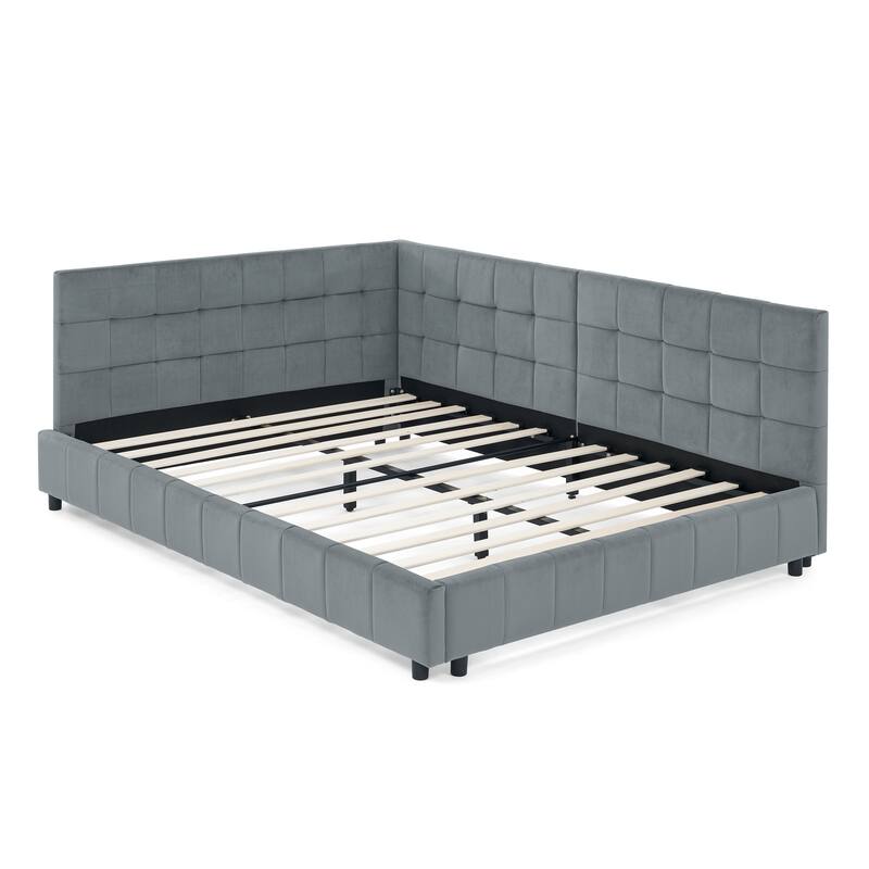 Roomfitters Full Upholstered Tufted Sofa Bed Frame with Backrest and Armrests, Velvet Platform Bed