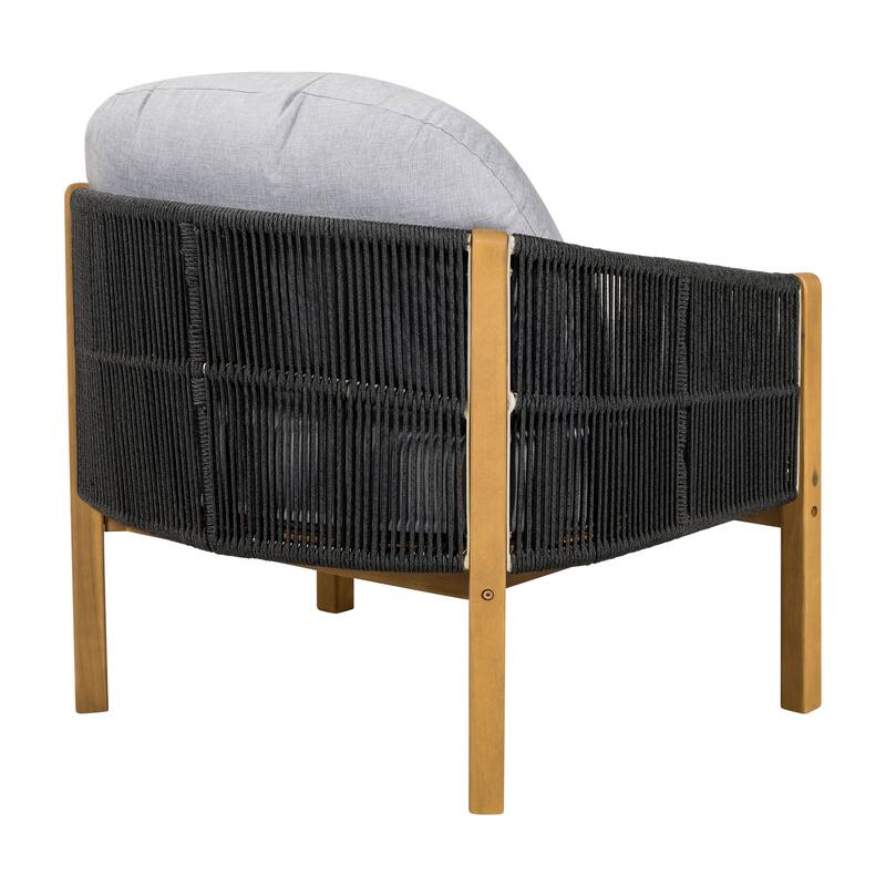 Roomfitters Grotta Outdoor Acacia Wood Club Chair with Rope Woven Back, Teak Finish and Grey