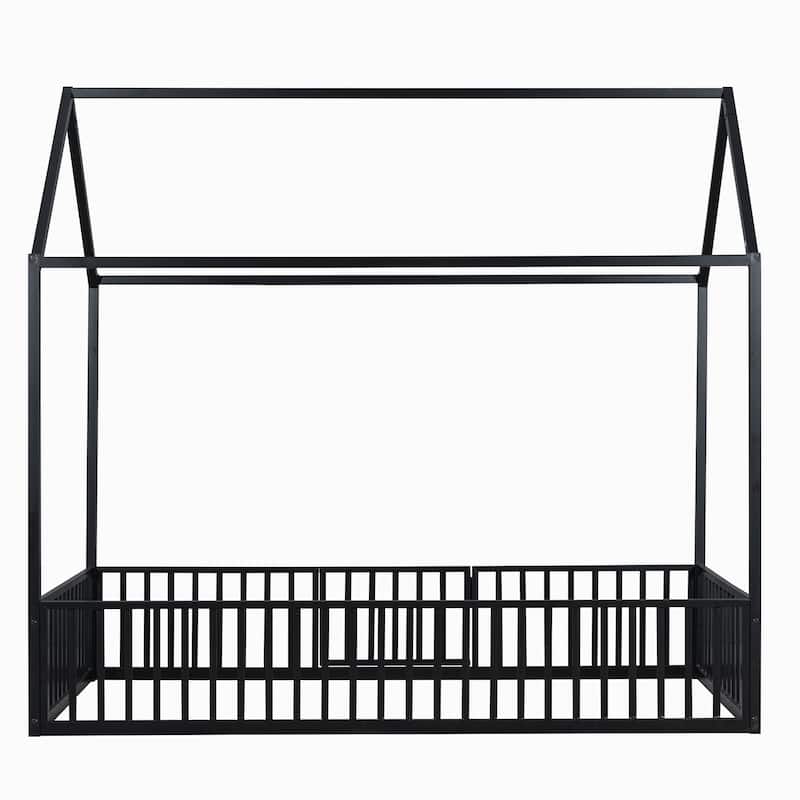 Black Twin Size Metal House Bed with Fence, Roof, and Door for Kids