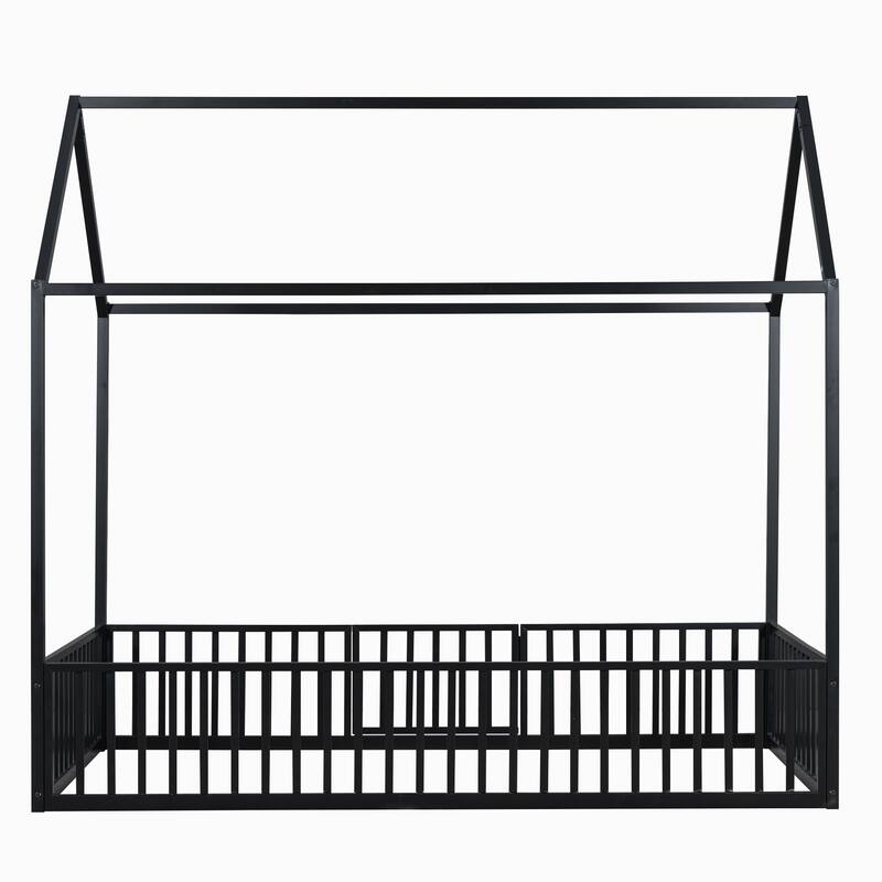Creative House Design Twin/Full Size Metal Bed with Guardrails and Playful Fence - Ideal for Kids' Bedroom