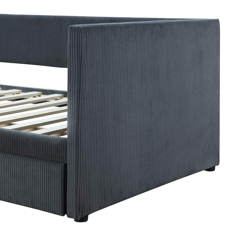 Vertical Lines Corduroy Daybed Wood Platform Bed with 2 Armrests & 2 Storage Drawers, Wood Slat Panel Bed