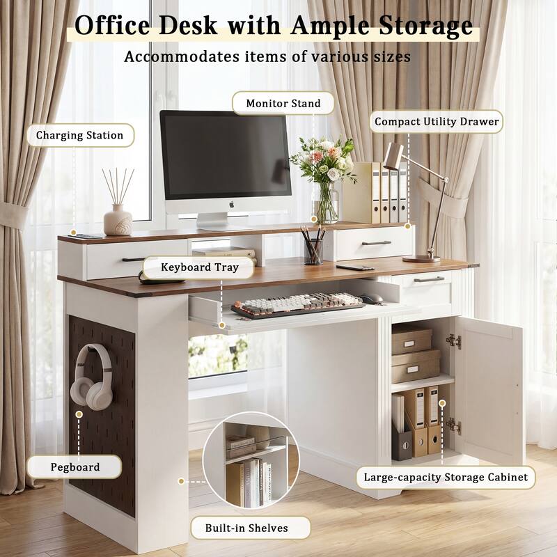 Roomfitters 55" Farmhouse Office Desk with Barn Door Cabinet, Pegboard & Charging Station