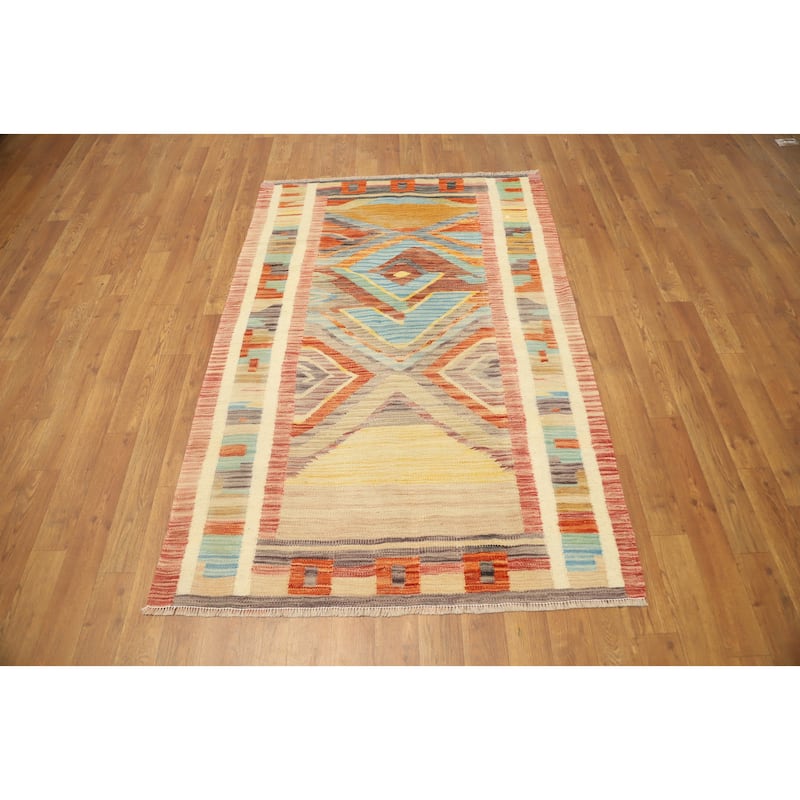 Hand Woven Oriental 100% Wool Carpet Southwestern Tribal Multi-Colored Kilim Area Rug - 4' 11'' X 3' 3''