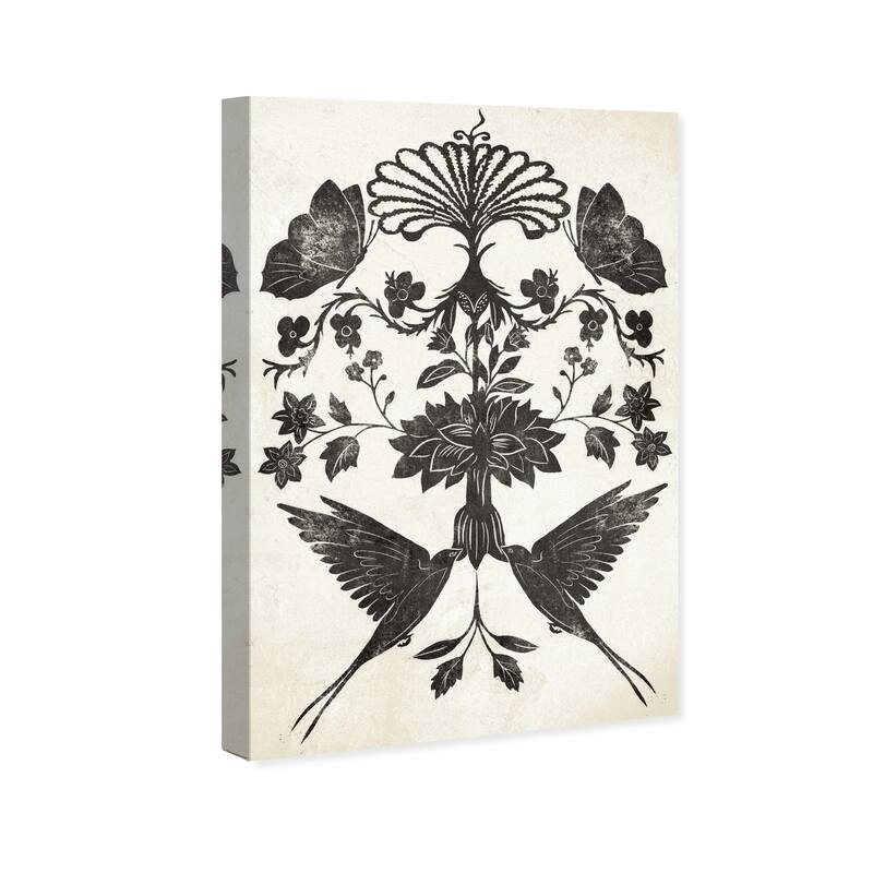 Wynwood Studio Canvas Animals Dark Floral Ornamental Black and Cream White Traditional Wall Art Canvas Print