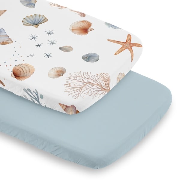 slide 2 of 6, Sweet Jojo Designs Ocean Seashells Boy, Girl, Unisex/Gender Neutral 2 Pack Baby Bassinet Fitted Sheets Blue Nautical Beach Theme