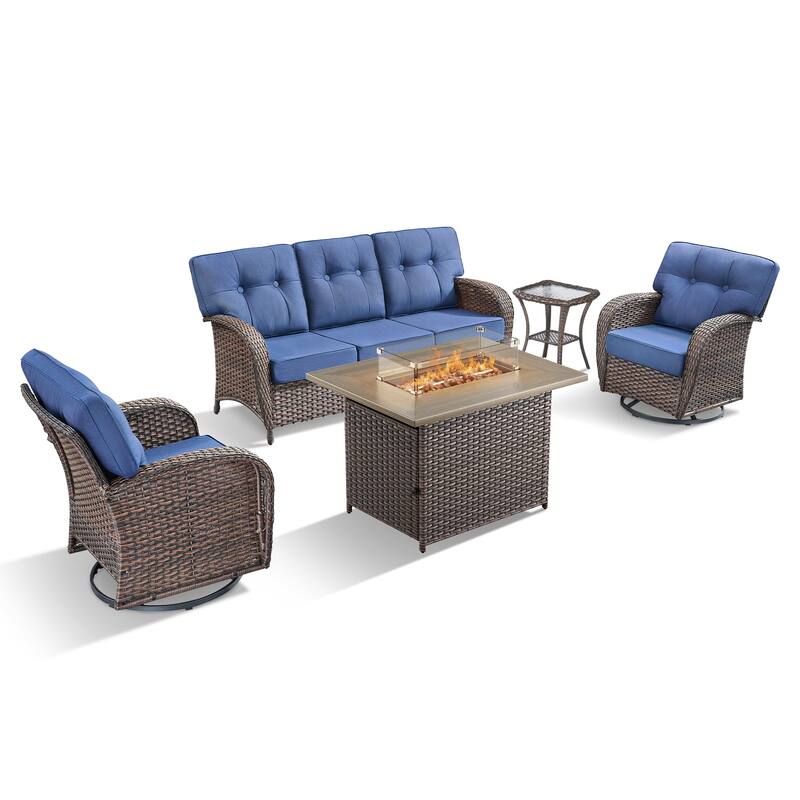 TWrap Wicker Patio Fire Pit Conversation Set with 3-Seat Sofa & Swivel Gliders