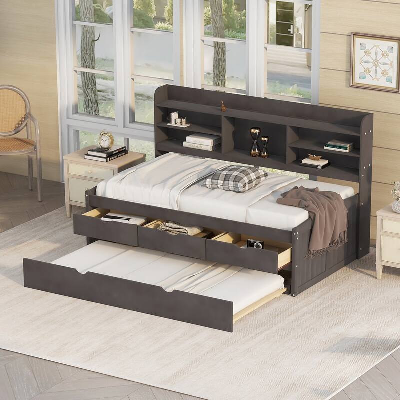 Antique Gray Twin Size Wooden Captain Platform Bed with Built-in Bookshelves, Three Storage Drawers and Trundle - Antique Gray