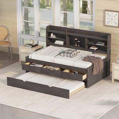 Antique Gray Twin Size Wooden Captain Platform Bed with Built-in Bookshelves, Three Storage Drawers and Trundle