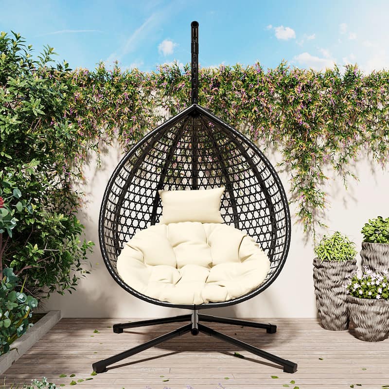 Sturdy Hammock Chair with Stand, Durable Hanging Egg Chair with Rattan Weaving,Comfortable chairs with Soft Removable Cushion