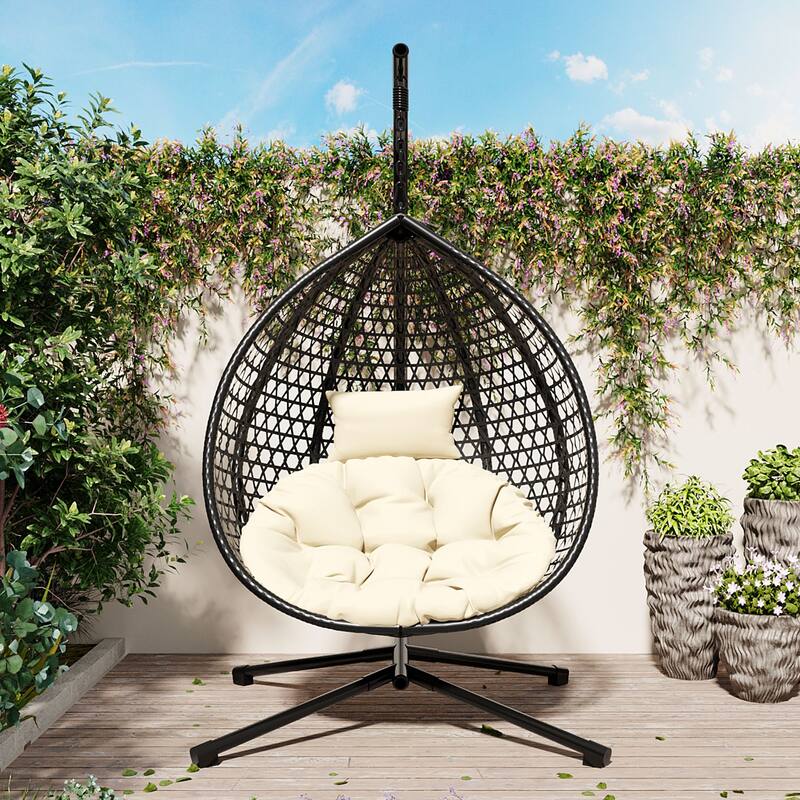 Versatile Egg Chair for Indoor and Outdoor Use, PE Rattan Patio Swing Hanging Chair with Stand and Cushion