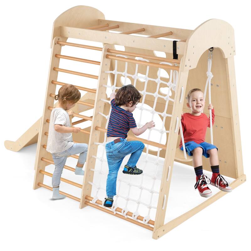 8-in-1 Indoor Jungle Gym Wooden Playground with Swing and Climbing Wall-Natural - Multi - Multi