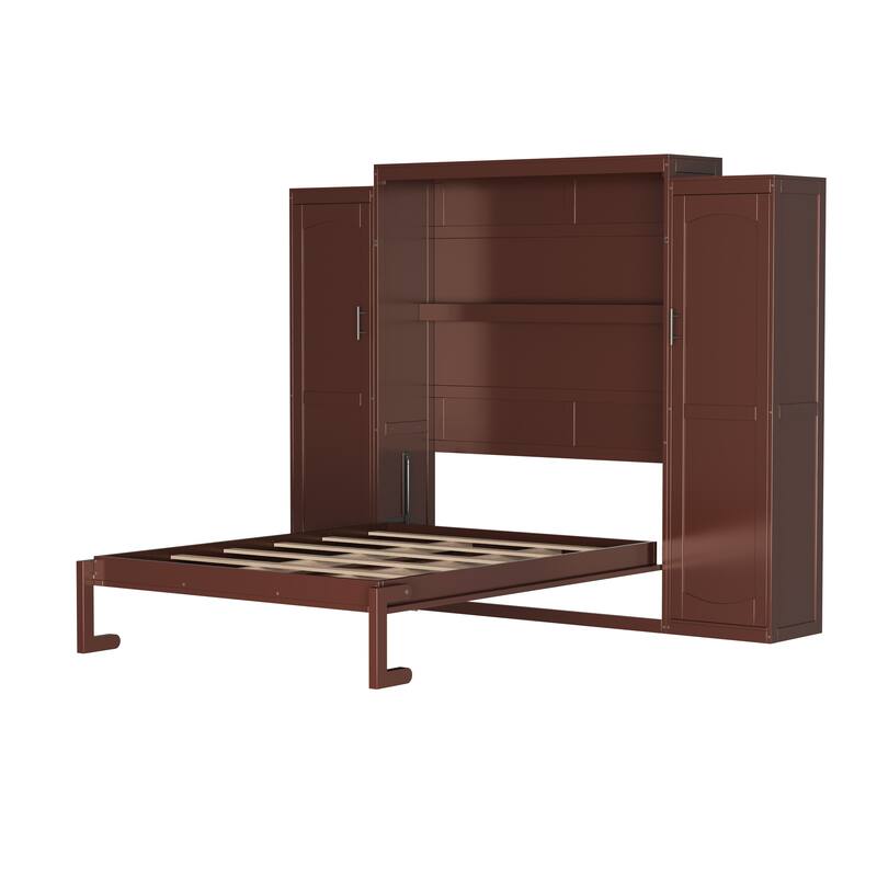 Full Size Murphy Bed with Two Wardrobes and Multifunctional Foldable Platform Bedframe