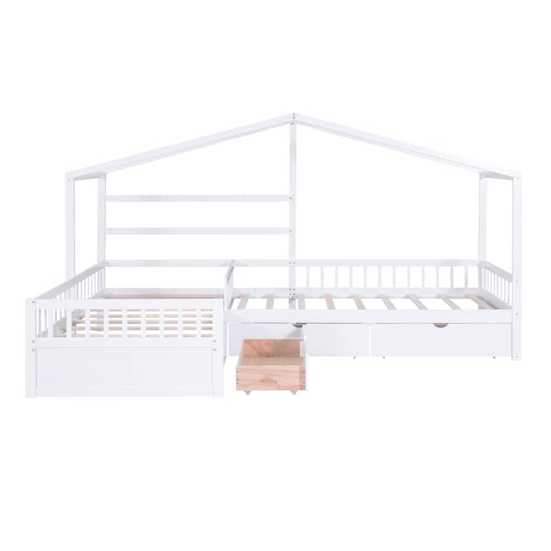 L-Shape Double Twin Size Pine Wood House Platform Bed with 3 Storage Drawers
