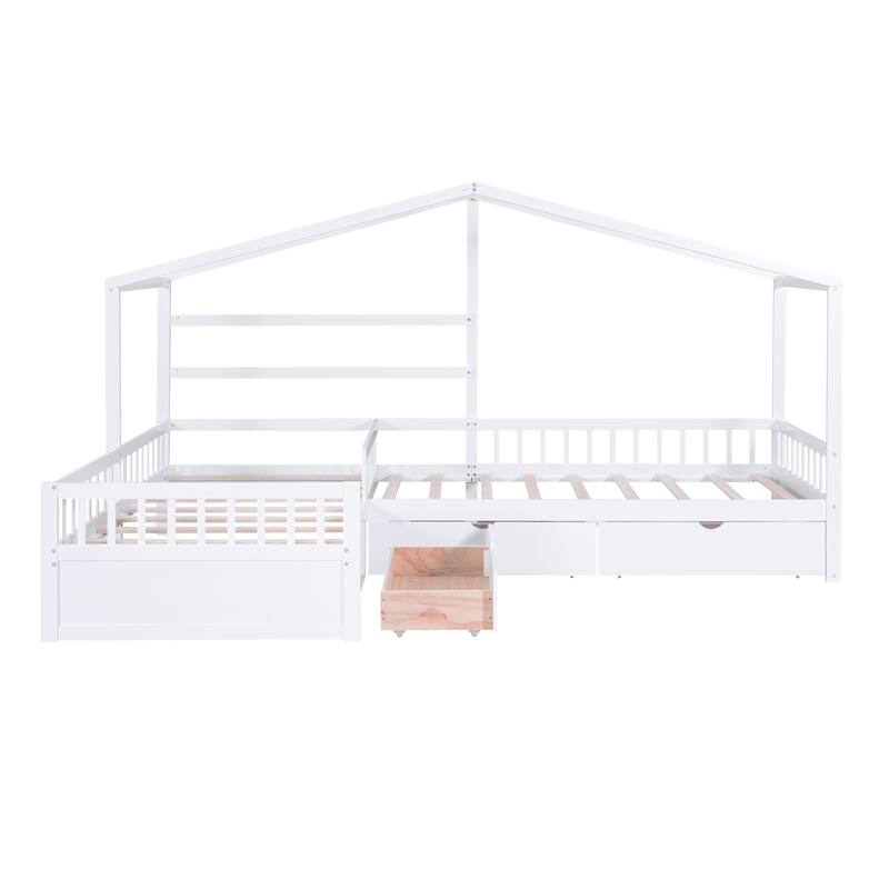 Roomfitters Twin House Platform Bed with Roof-Inspired Frame and Three Underbed Compartments