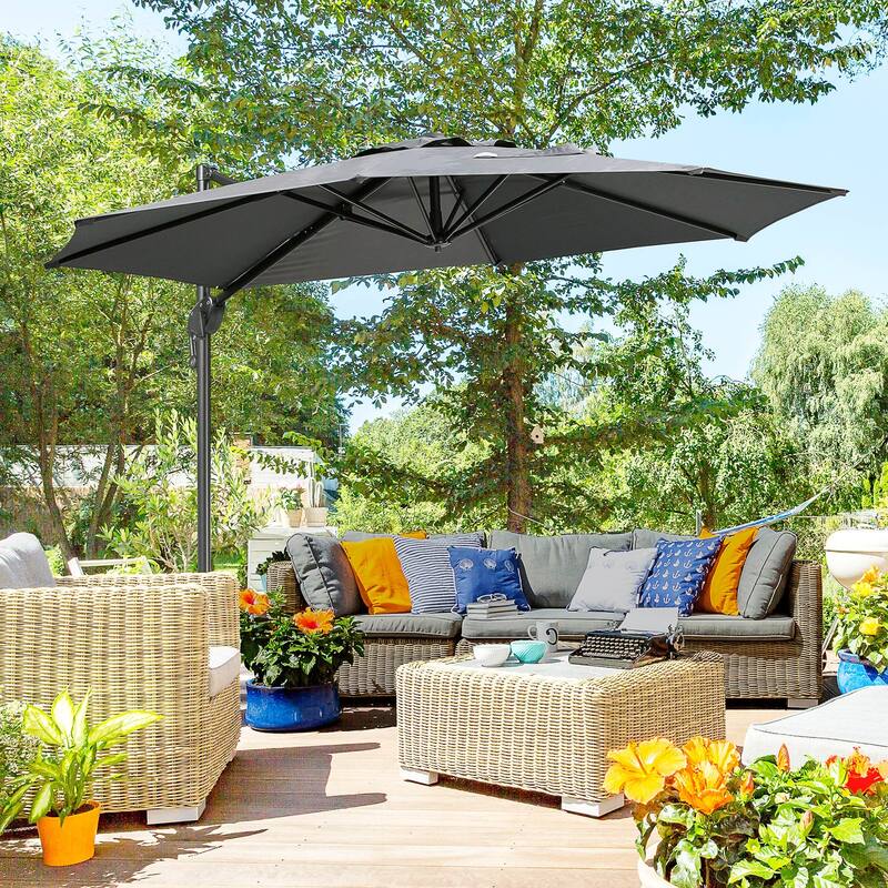 Outdoor 10ft Offset Umbrella with Base, Hanging Aluminum and Steel Cantilever Umbrella with 360° Rotation