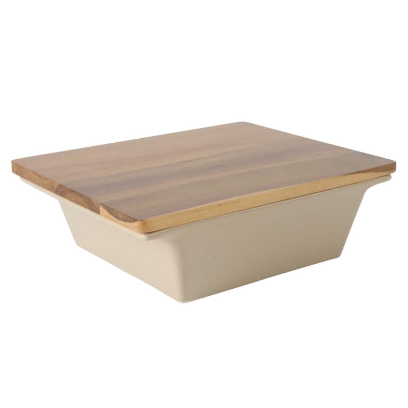 Gibson Elite 2 Quart or 2.75-Quart Stoneware Baking Dish with Acacia Wood Lid - Taupe Rectangular Oven Safe Baker - 10" x 8.5"