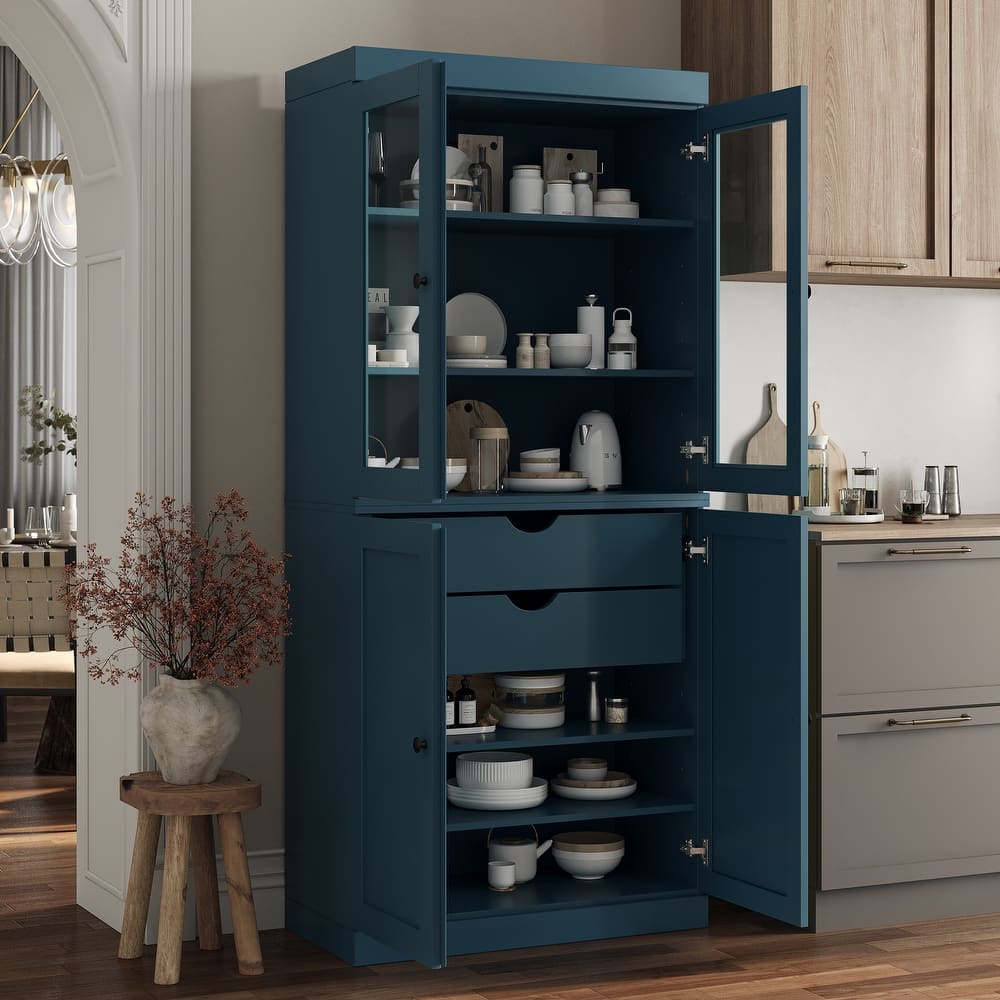 Palace Imports 100% Solid Wood Pantry Cabinet, Shaker & Clear Glass Doors, 2 Drawers, Adjustable Shelves, 32" Wide, 71.5" Tall