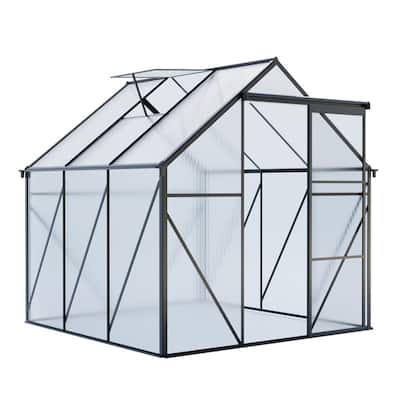 All-Season Heavy-Duty Aluminum Walk-in Greenhouse with Polycarbonate Panels, Featuring a Raised Base and Anchors.