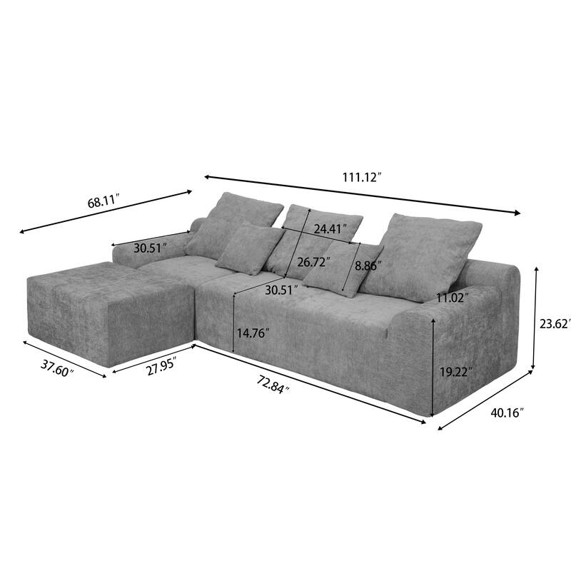 111.2" Modern L-Shaped Modular Velvet Sofa in Grey, Adjustable Configurations
