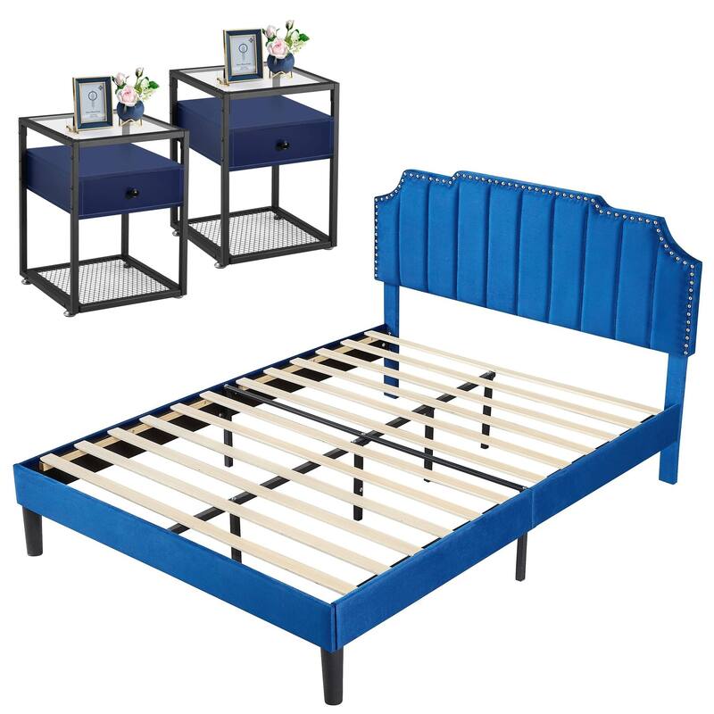 Bedroom Sets, 15 Style Options, 3-pieces Bedroom Set with Height Adjustable Upholstered Bed and Nightstands Set of 2-VECELO