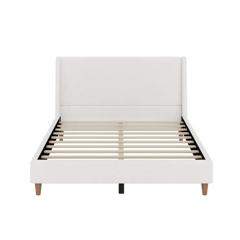 Upholstered Platform Bed with Wingback Headboard and Round Wooden Legs, Skin-friendly Upholstered Low-Profile Bed Frame