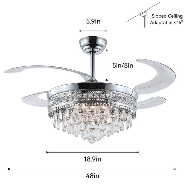 dimension image slide 1 of 6, 48-Inch Crystal Fandelier with 4 Retractable Blades, Dimmable LED, App and Remote Control - 48 Inches