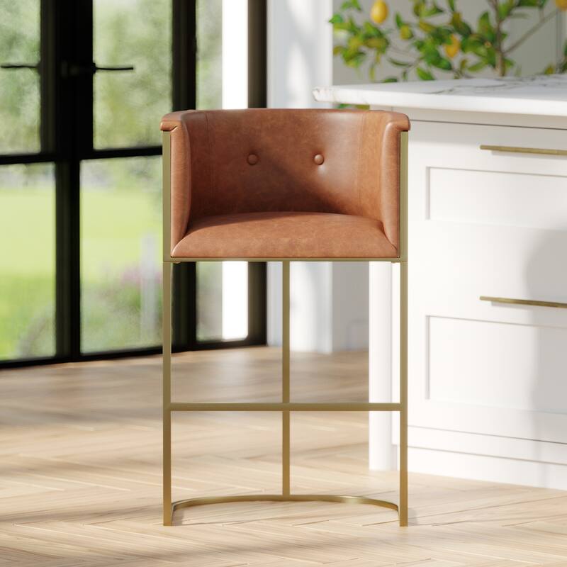 Manhattan Modern Bar Stool - Faux Leather with Gold-Finish Metal Base - Brown - Bar Height