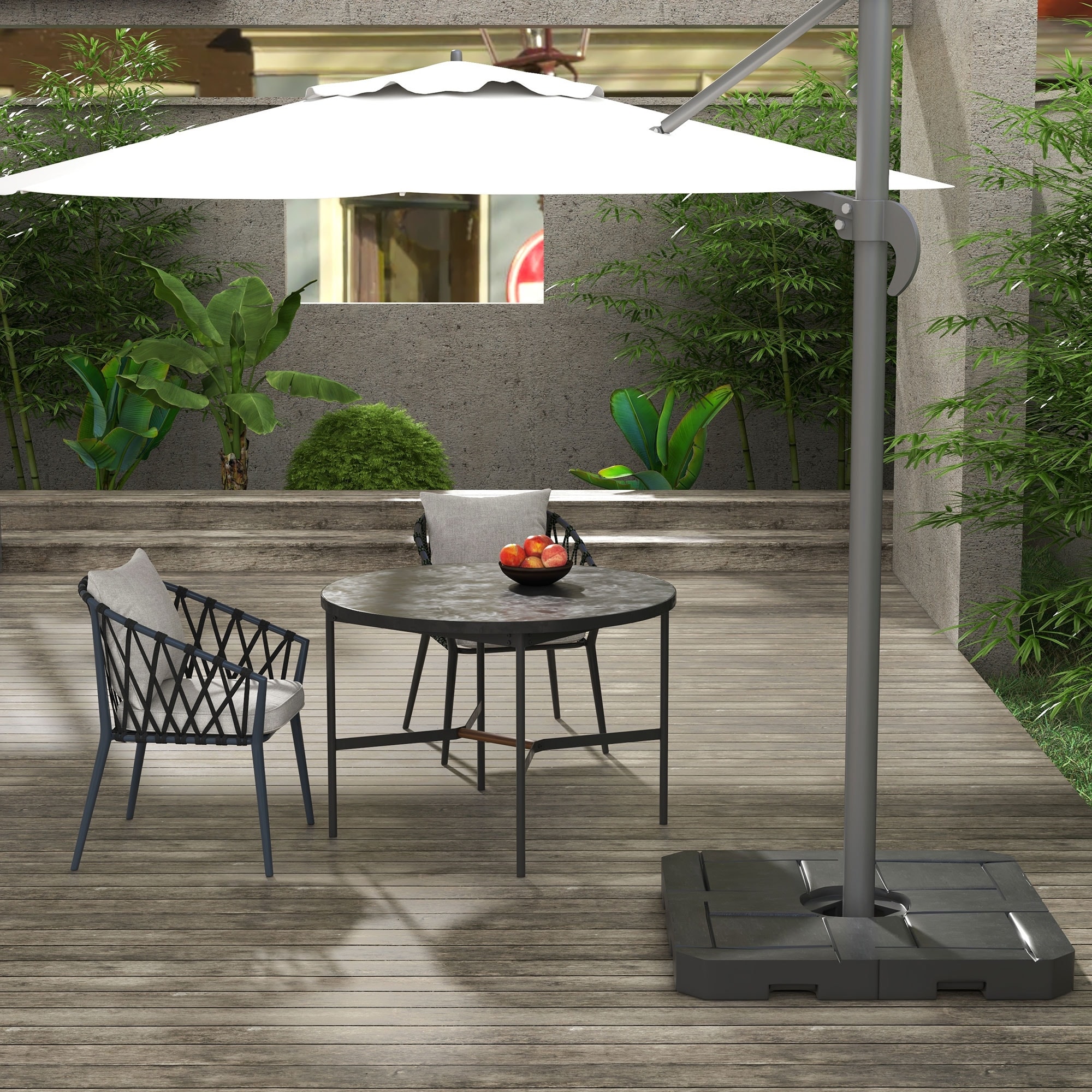 cantilever patio umbrella with weights WestinTrends 10 ft Outdoor Solar LED Base Weights, Dark Green Duty Fillable Base with WheelsComes with a sturdy base that can be filled with 130 lbs of sand plus water for a total weight up to 350 lbs JUSHUA Cantilever Umbrella Base Weight
