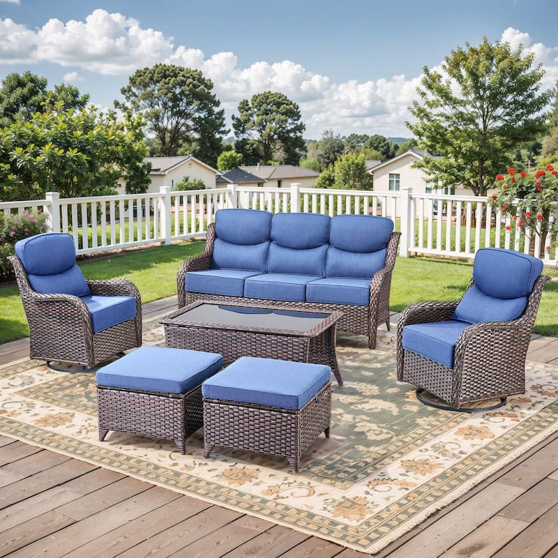 Pocassy Outdoor Patio Furniture Sofa Swivel Chairs Sets - Brown Wicker Blue Cushion - Sofa Swivel Chair with Ottoman Set of 6