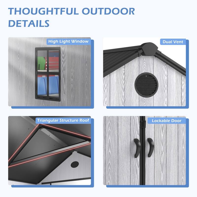 8ft Outdoor Plastic Storage Shed With Floor, 435 Cuft Waterproof Garden Shed With Lockable Door, Plastic Tool Storage