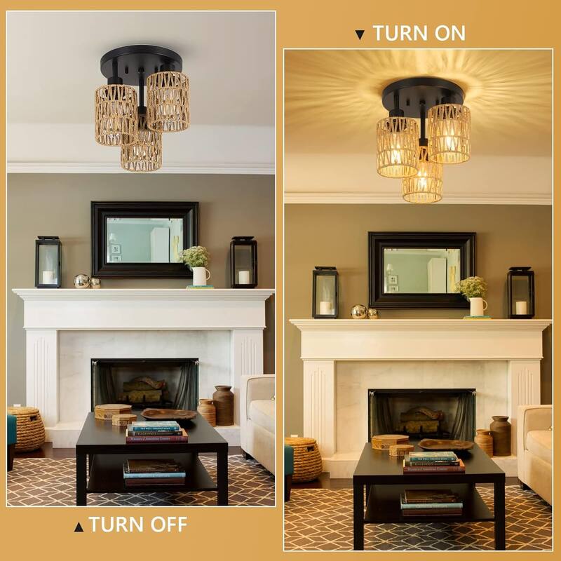 3-Light Flush Mount Ceiling Light with Hand-Woven Rattan Shades