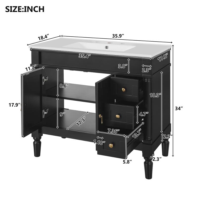 GDFStudio - Hellie 36" Modern Bathroom Vanity with Ceramic Sink - Soft-Close Doors, Drawers & Adjustable Storage