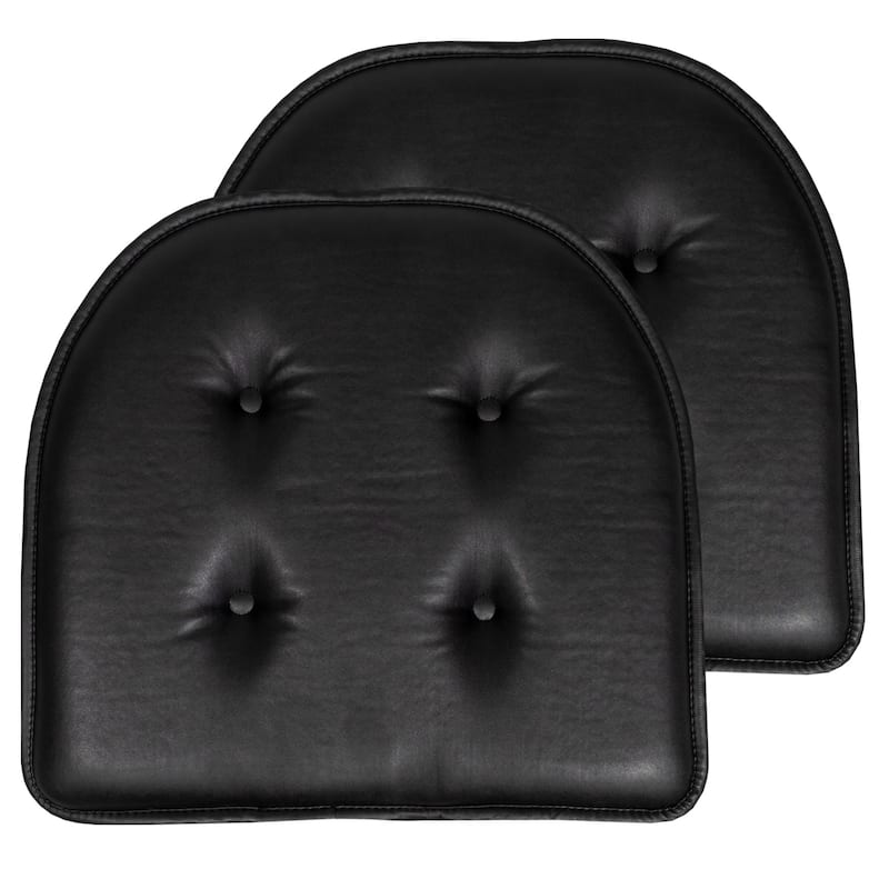 Sweet Home Collection U-Shape Faux Leather Non Slip Memory Foam Chair Cushions 17" x 16" - Set of 2 - Black