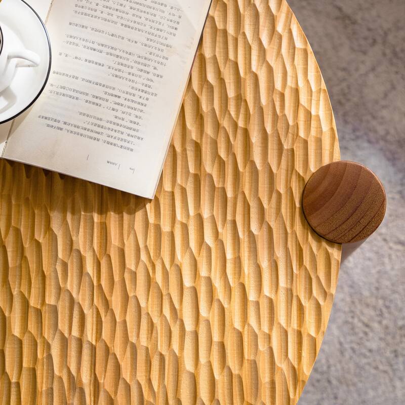 Roomfitters Solid Wood Round Coffee Table, 2-Tier Mid Century Modern Center Table with Storage Shelf for Living Room, Natural