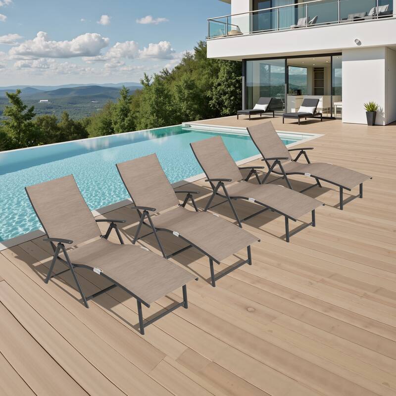 Outdoor Aluminum Folding Recliner Adjustable Chaise Lounge Chairs - See Picture - Espresso Fabric,Dark Grey Farme - 4PC