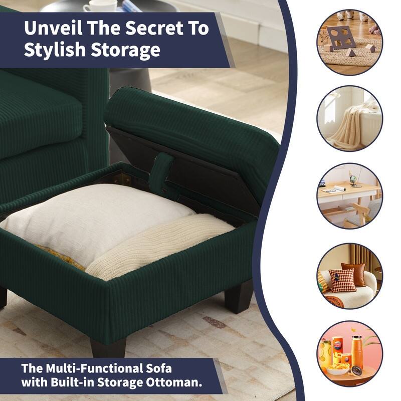 Mixoy 76'' L-Shaped Small Sofa Couch,3-Seater Corduroy Sectional Sofa with Storage Ottoman