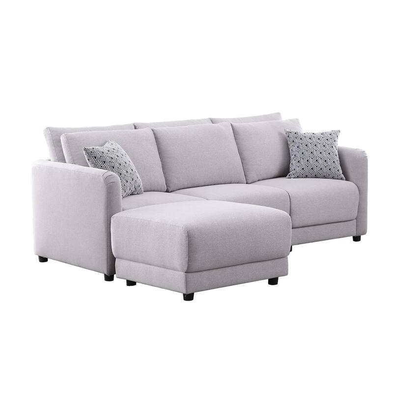 Linen Upholstered Sofa with Ottoman in Light Gray