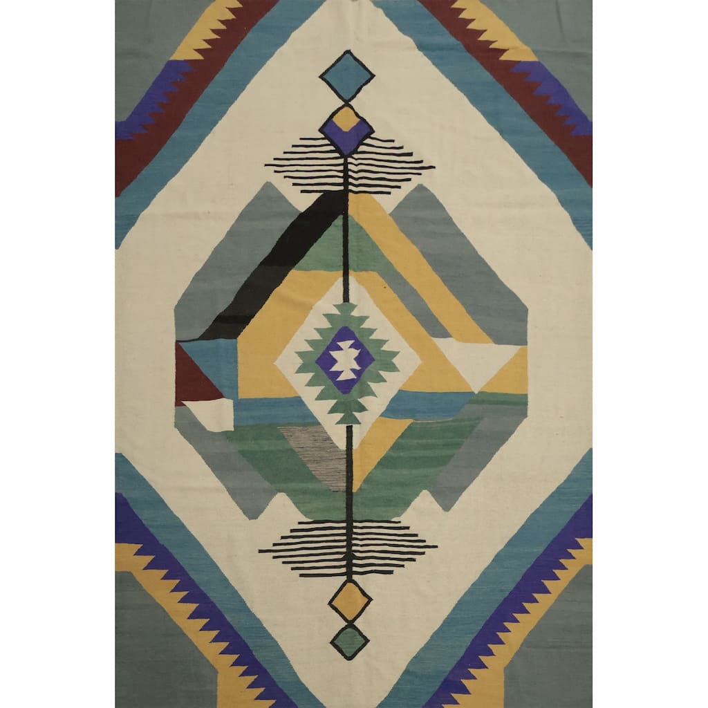 Hand Woven Oriental 100% Wool Carpet Southwestern Modern Beige & Ivories Kilim Area Rug - 11' 11'' X 8' 8''