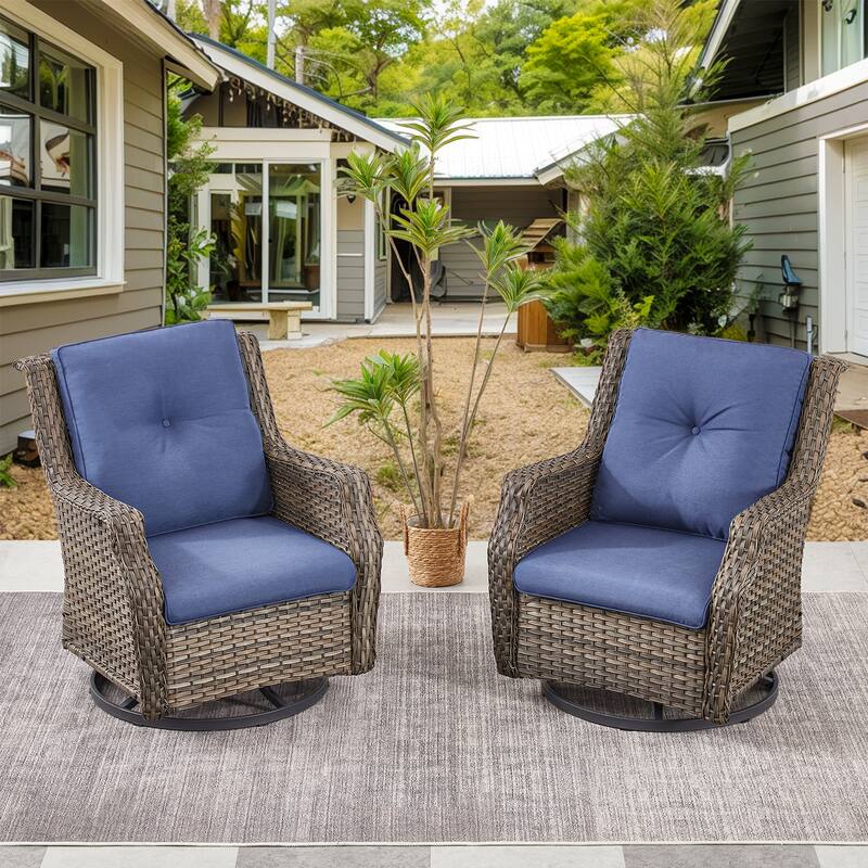 Pocassy Patio Swivel Glider Chairs with Ottoman and Table - Blue Cushion - Grey Wicker - 2-Piece Swivel Chair