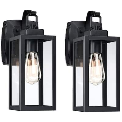 2 Pack 1-Light Outdoor Wall Lantern with Built-In GFCI Outlets - Matte Black