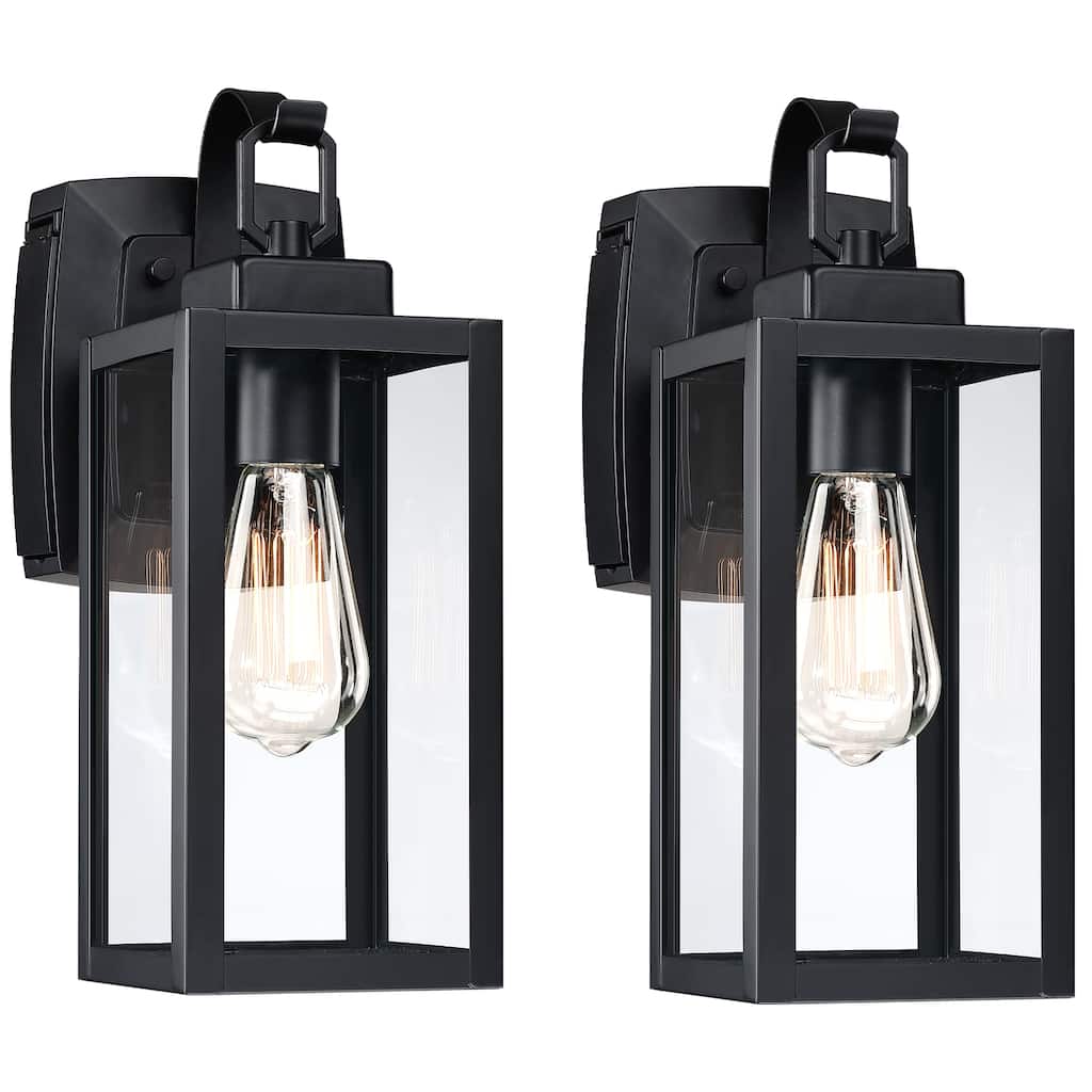 2 Pack 1-Light Outdoor Wall Lantern with Built-In GFCI Outlets - Matte Black