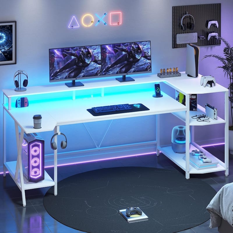 PC Gaming Desk Power Outlets Computer Desk LED Lights Storage Shelves