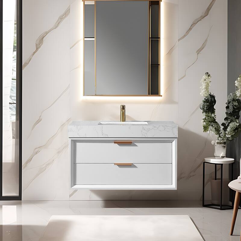 Modern LED 36''/48''/60'' White / Green Bathroom Vanity with Undermount Single / Double Sink