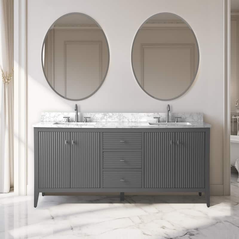 Vanity Art 72" Double Sink Bathroom Vanity Cabinet with Engineered Marble Top - 72"/Brushed Nickel Handle - Linear Cashmere Gray