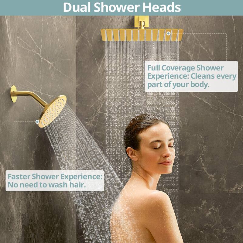 Dual Heads 12"Rainfall and High Pressure 6"Shower Faucet Dual Cascade System 3 Way Thermostatic Valve with 6 Body jets