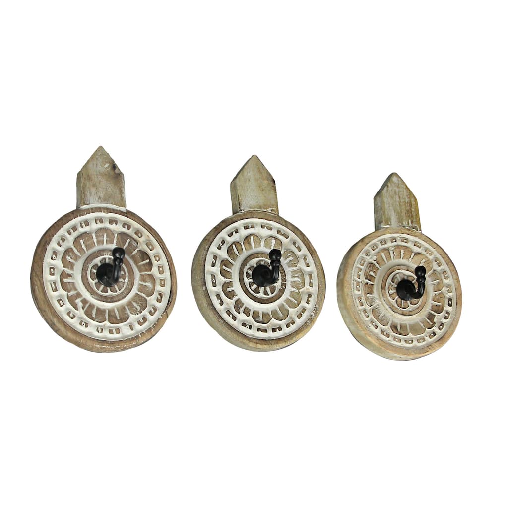 Hand Carved Wooden Wall Hooks Floral Coat Towel Hanging Art (Set Of 3)